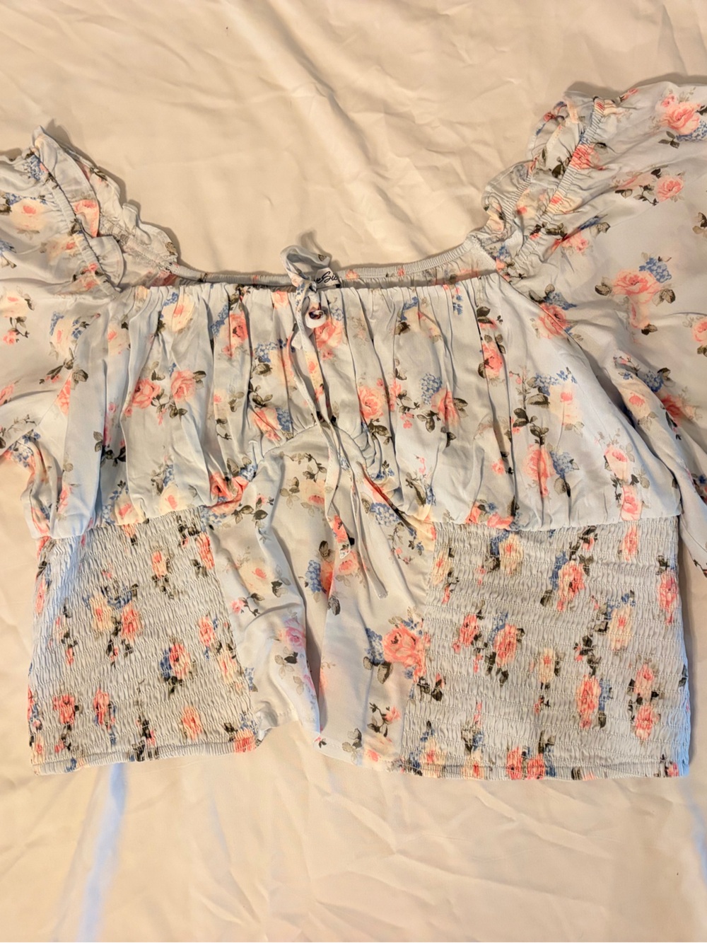 Lovesick by Torrid Floral Off-Shoulder Smocked Top - Light Blue/Pink size 0